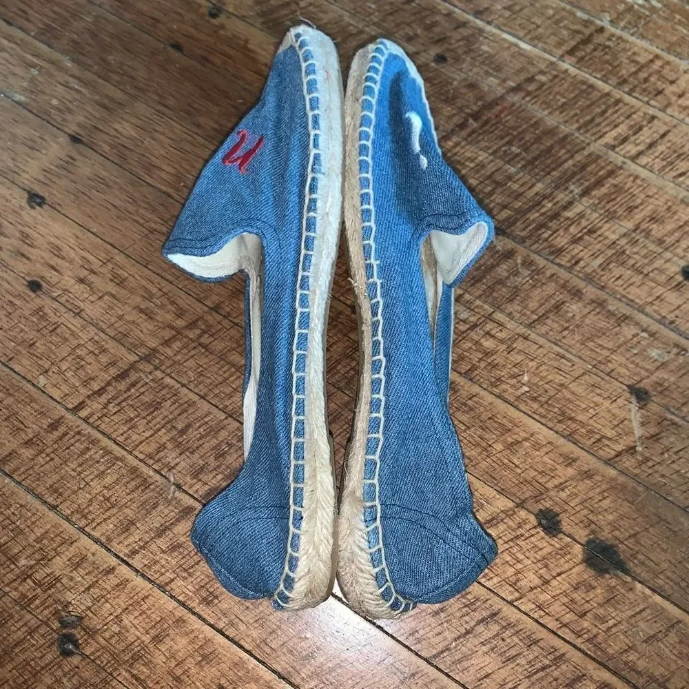 Soludos denim blue embroidered Oui Non raffia slip on shoes